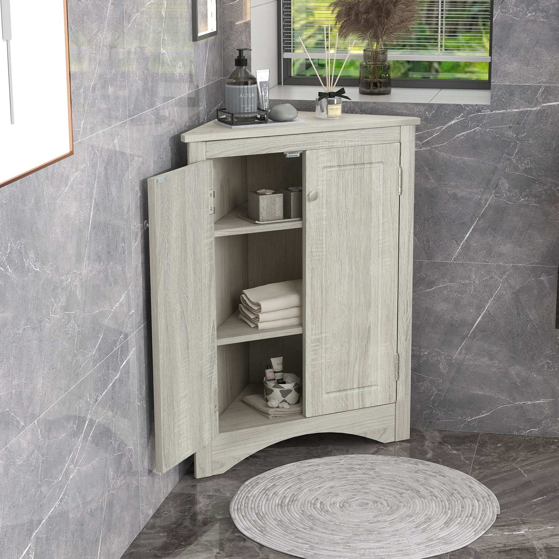 Oak Triangle Bathroom Storage Cabinet with Adjustable Shelves, Freestanding Floor Cabinet for Home Kitchen - Korvel