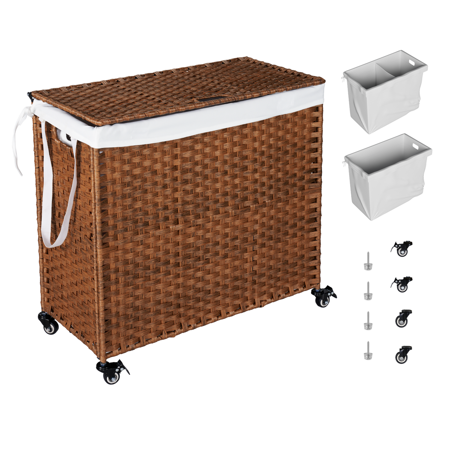 Laundry Hamper With Lid PE Rattan Powder Coating Frame Clothes Hampers with 02 Removable Bags, Wheels, 160L, Brown Color - Korvel