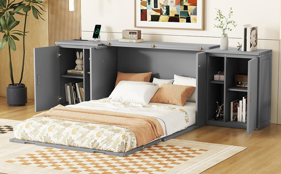 Full Size Murphy Bed with Shelves and USB Ports - Gray