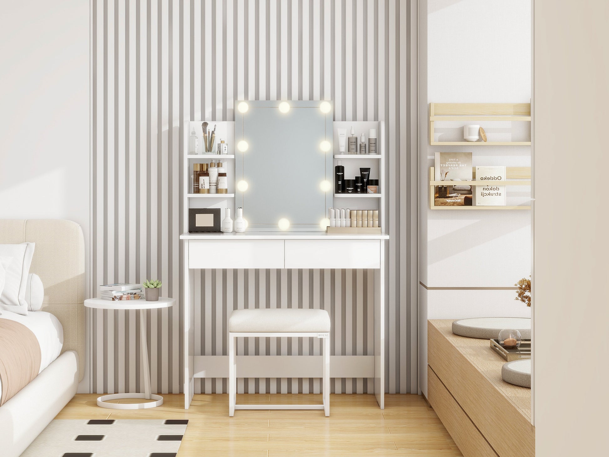 Makeup Vanity Desk With LED Lighted Mirror ,Dressing Table Set With 2 Large Drawers 10 LED Light ,White Color - Korvel