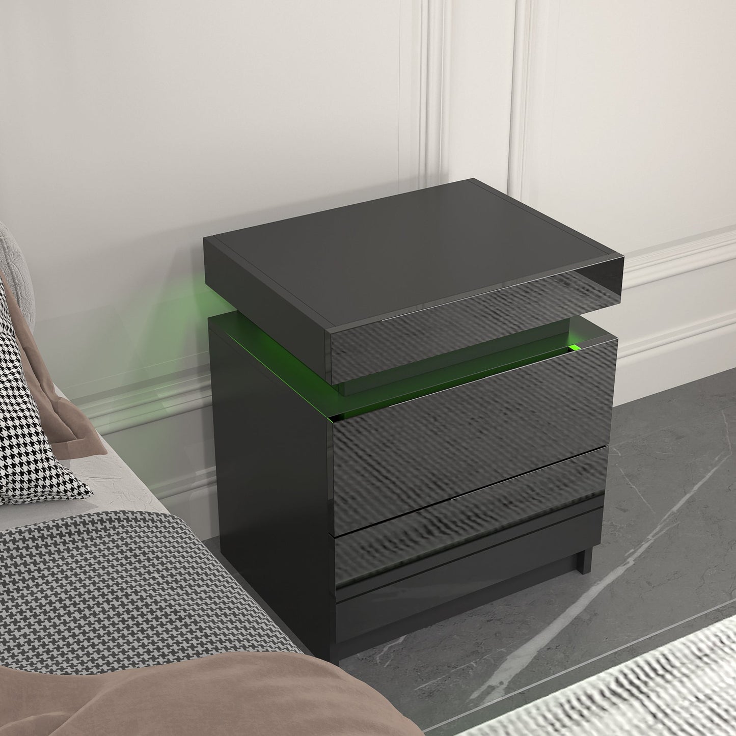Modern Black LED Nightstand with Led Lights Bedside table with 2 High Gloss Drawers for Bedroom - Korvel