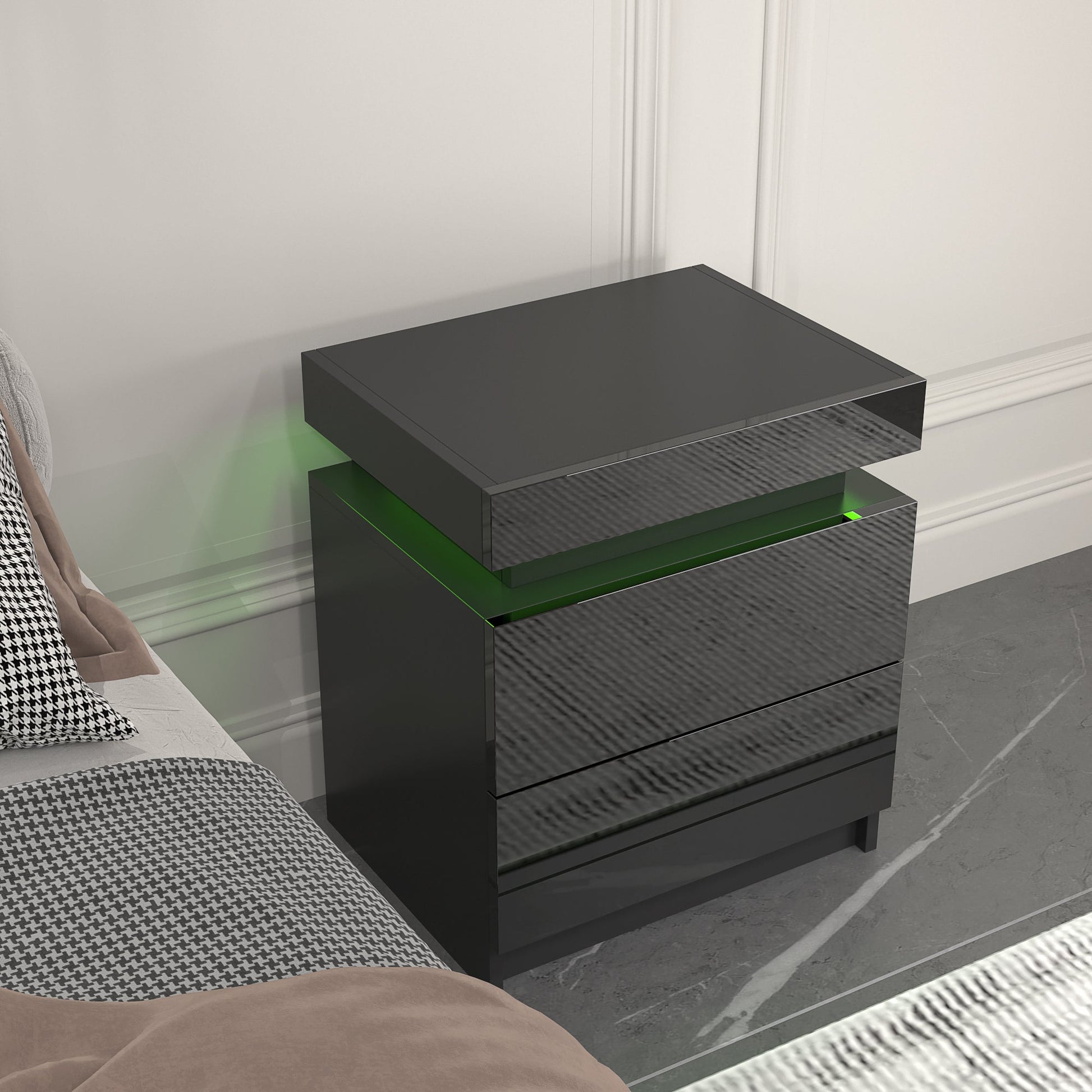 Modern Black LED Nightstand with Led Lights Bedside table with 2 High Gloss Drawers for Bedroom - Korvel