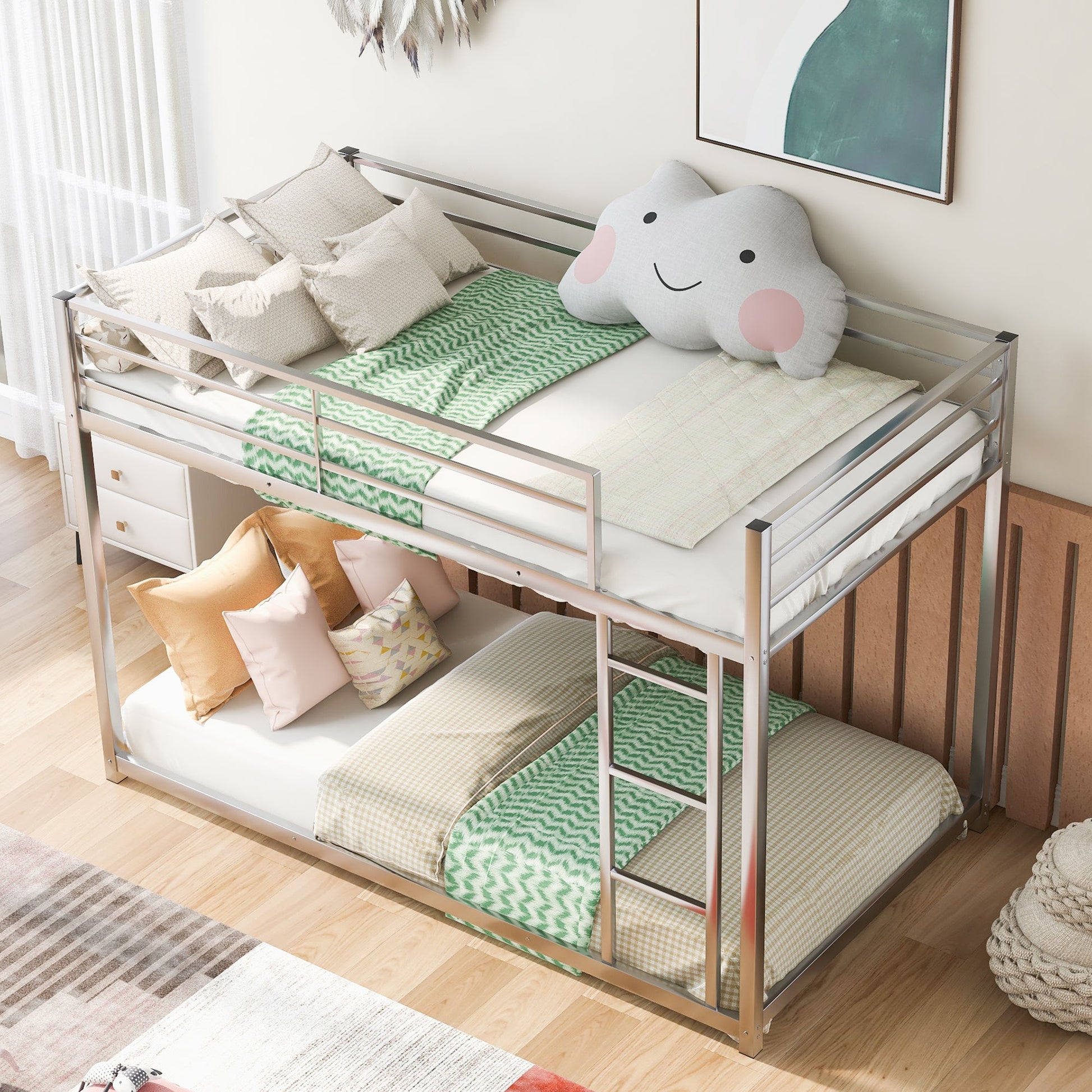 Twin over Twin Metal Bunk Bed, Low Bunk Bed with Ladder Silver - Korvel