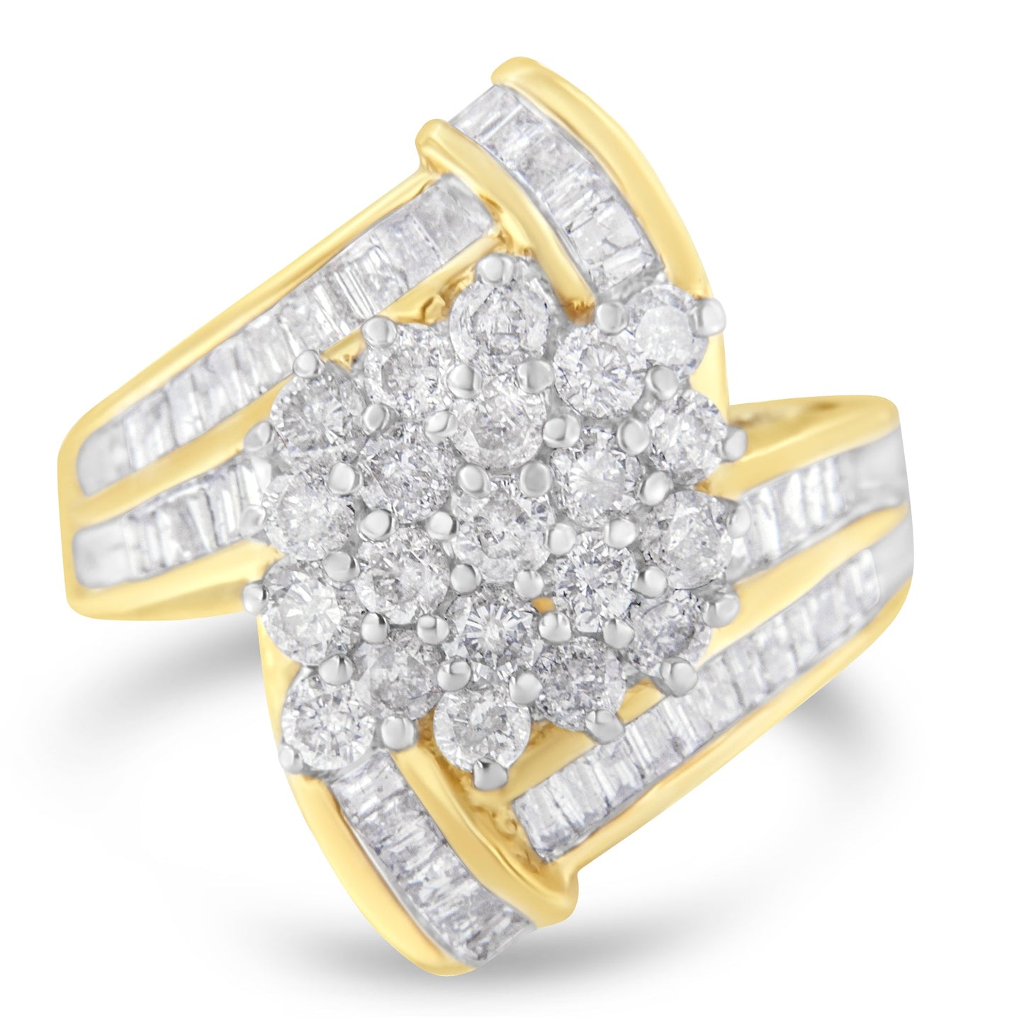 Bague en diamant croisée en or jaune 10K avec diamants ronds et baguette - Taille 7-1/2