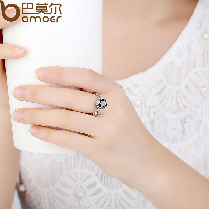 BAMOER Black Cubic Zirconia Finger Ring - Elegant Wedding Jewelry