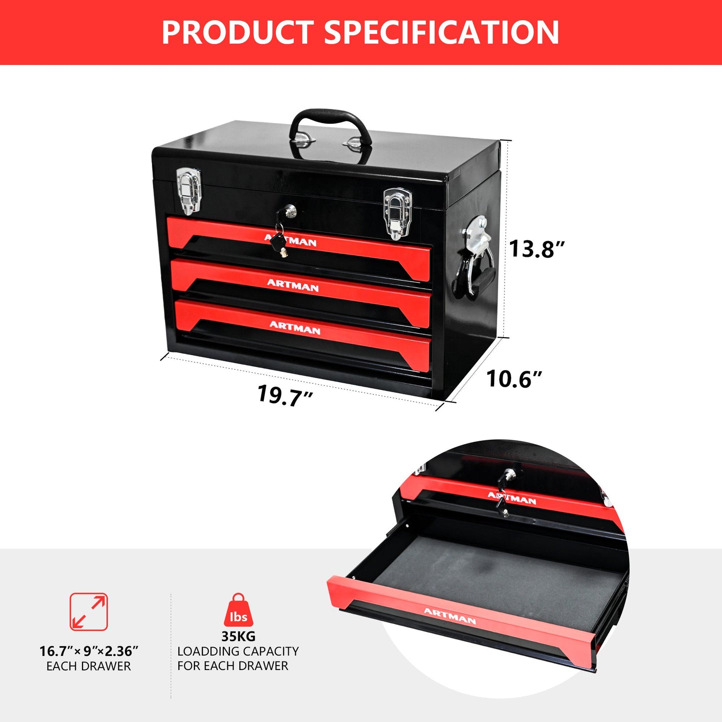 Caja de herramientas premium de 3 cajones para almacenamiento organizado