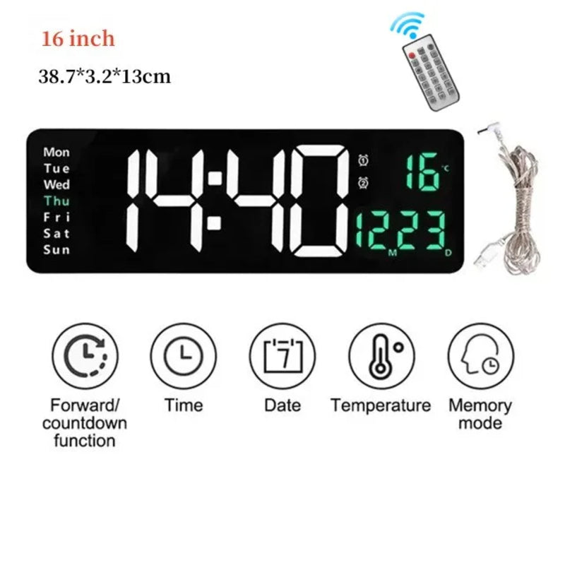 Large LED Wall Clock with Remote Control and Dual Alarms
