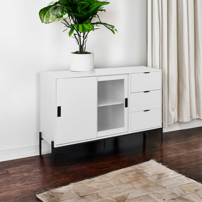 Modern characteristic storage cabinet side panel with glass sliding door and 3 drawers, dining table cabinet in white color - Korvel