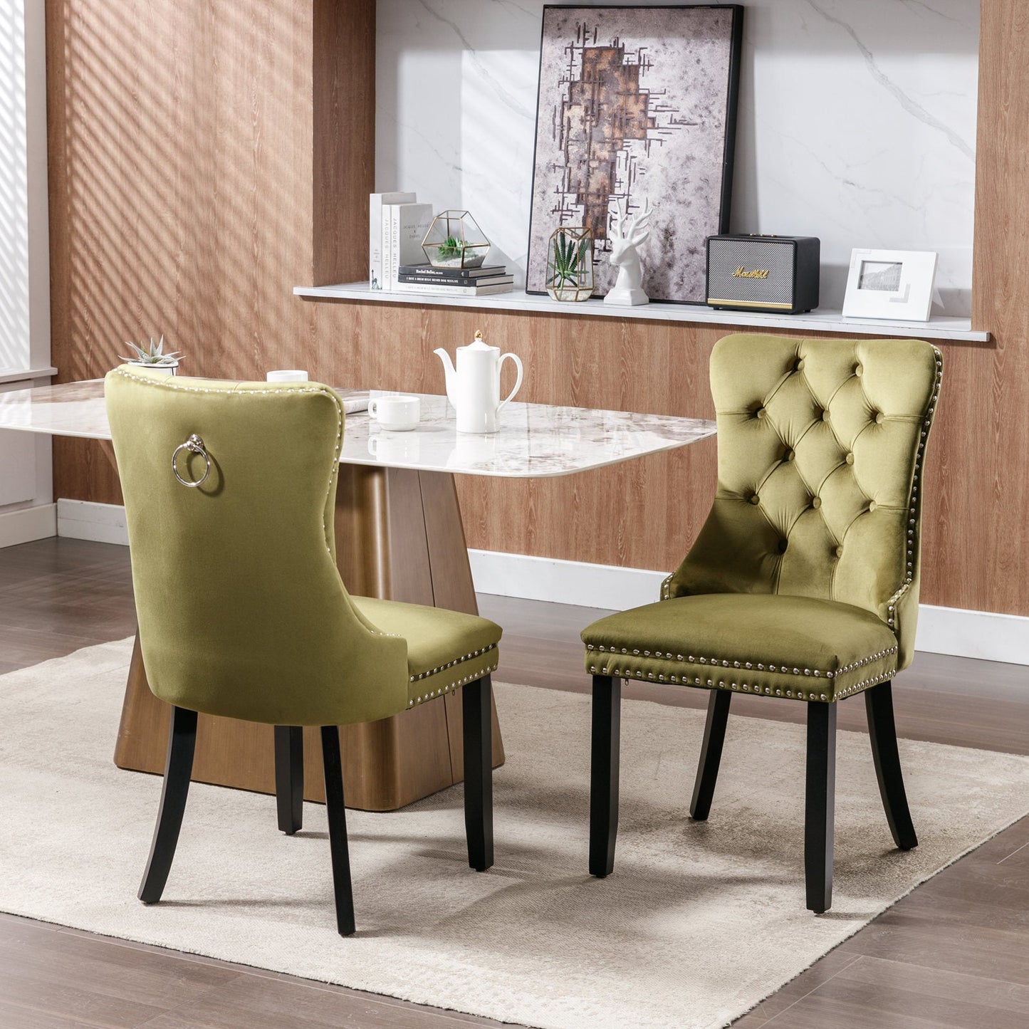 High-end Tufted Solid Wood Contemporary Velvet Upholstered Dining Chair with Wood Legs Nailhead Trim 2-Pcs Set Olive-Green - Korvel