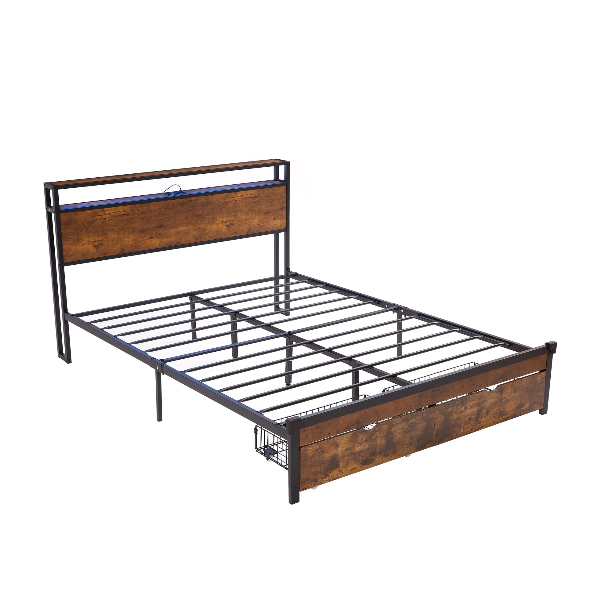 Large metal bed frame with wooden headboard and USB foot pedal, charging station, 2 drawers, LED lights, no need for box spring - Korvel