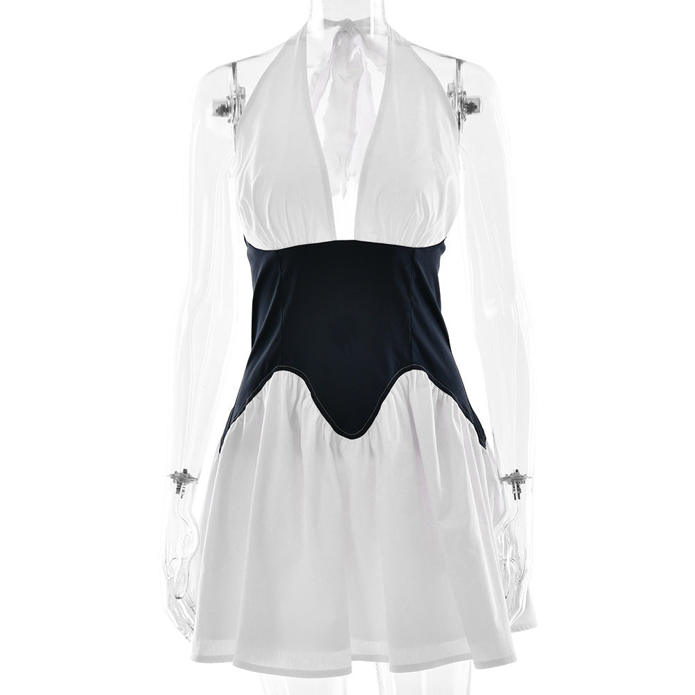Style Fashion Splicing A-Line Dress with Sexy Deep V-Neck Halter Waist-Cinching Design - Korvel