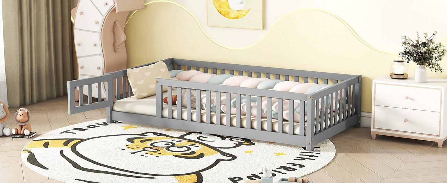 Twin Size Bed Floor Bed with Safety Guardrails and Door for Kids, Gray - Korvel