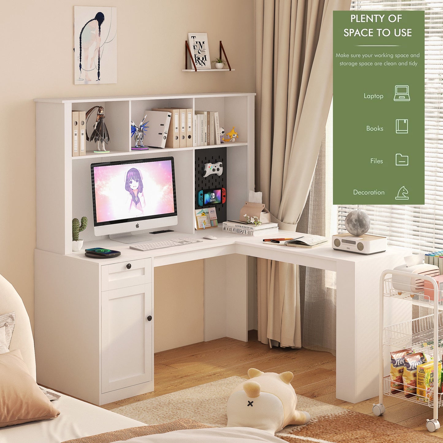 Corner gaming computer desk with socket, drawers, bookshelf and writing desk, modern L-shaped learning desk with storage space - Korvel