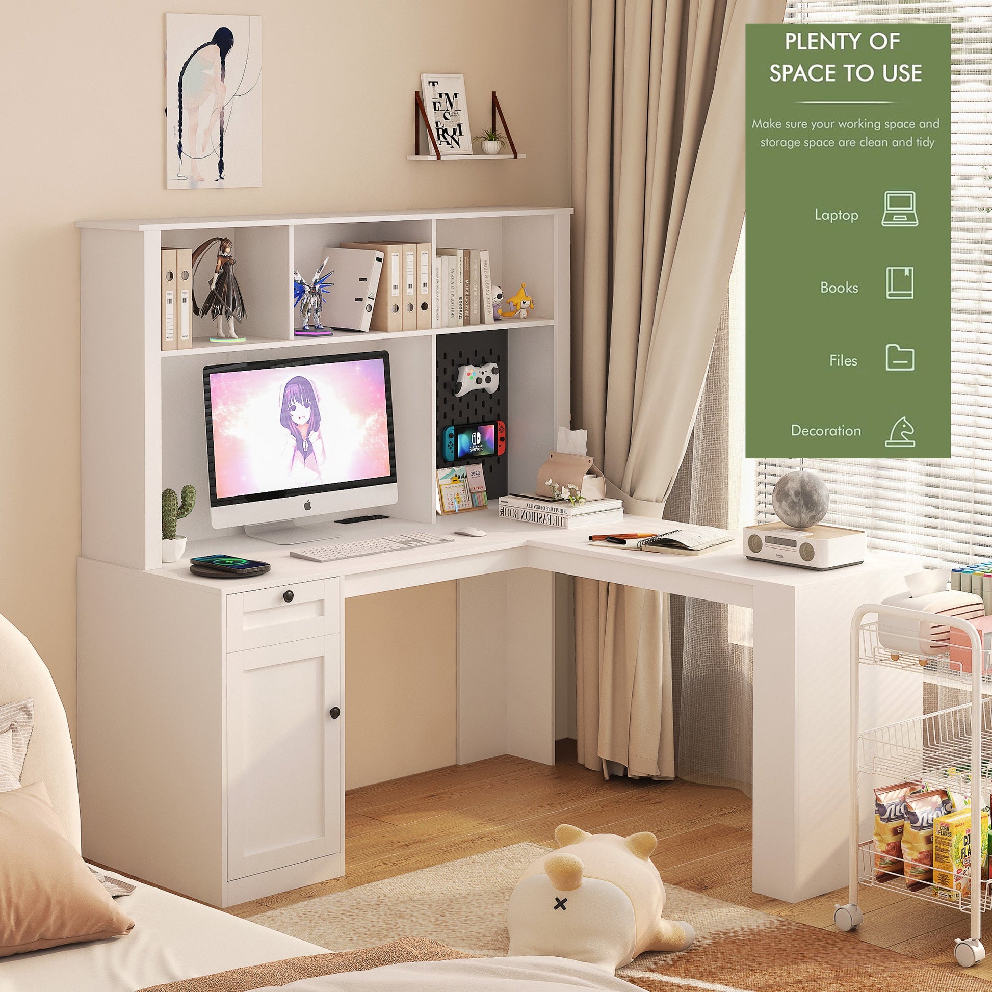 Corner gaming computer desk with socket, drawers, bookshelf and writing desk, modern L-shaped learning desk with storage space - Korvel