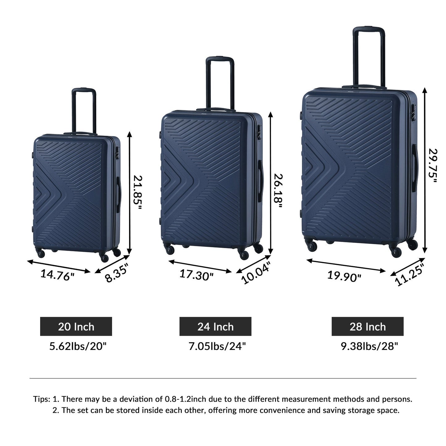 3 Piece Luggage Sets ABS Lightweight Suitcase with Two Hooks, Spinner Wheels, TSA Lock, (20/24/28) Navy - Korvel