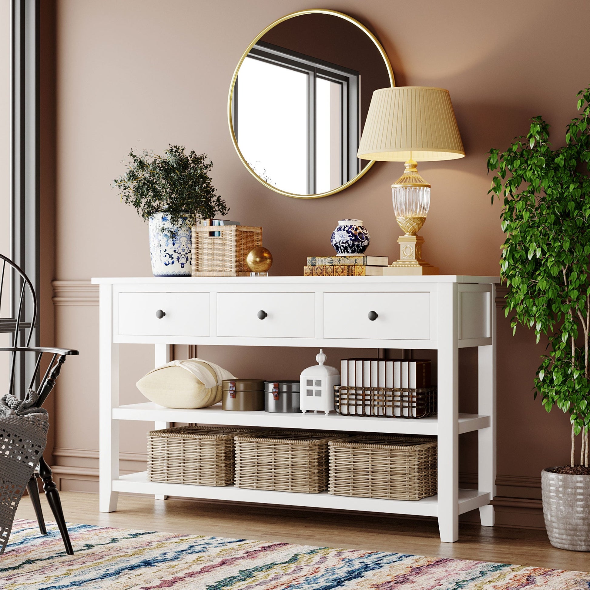 Retro Design Console Table with Two Open Shelves, Pine Solid Wood Frame and Legs for Living Room (Antique White) - Korvel