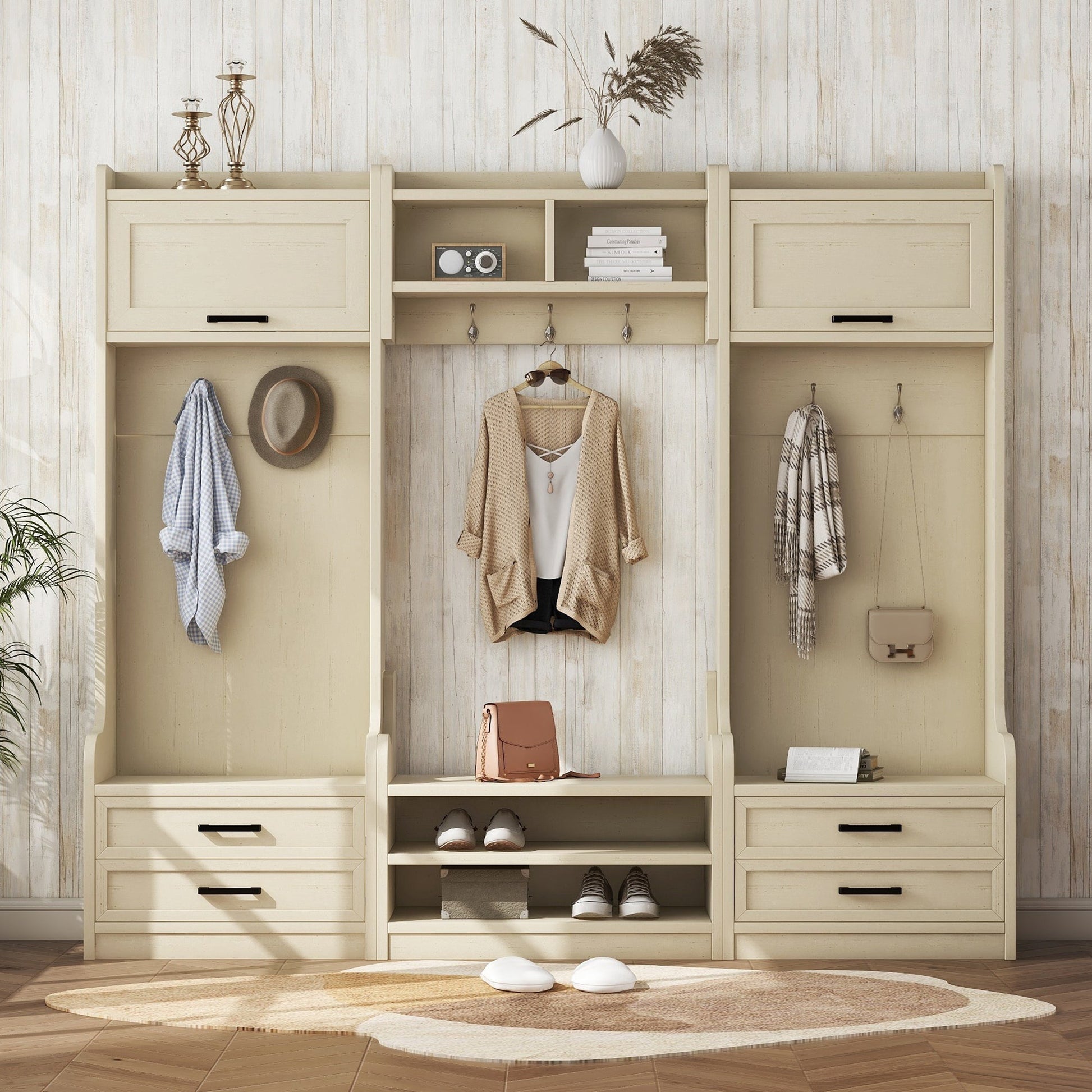 Four in one detachable hall tree with drawers and cabinets, 7 hooks, multifunctional corridor hangers, antique beige shoe stools - Korvel
