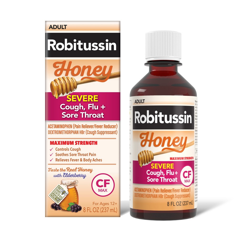 Robitussin Adult Severe Cough Flu + Sore Throat Max Liquid Honey 8 Oz