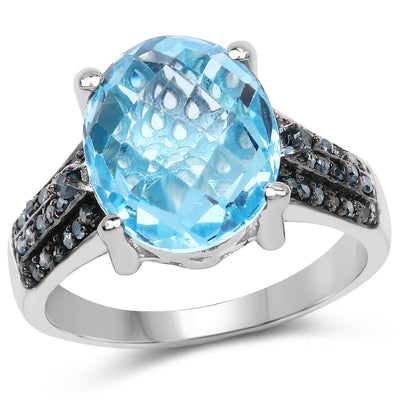Bague en argent sterling de 5,51 carats en topaze bleue suisse et diamants bleus