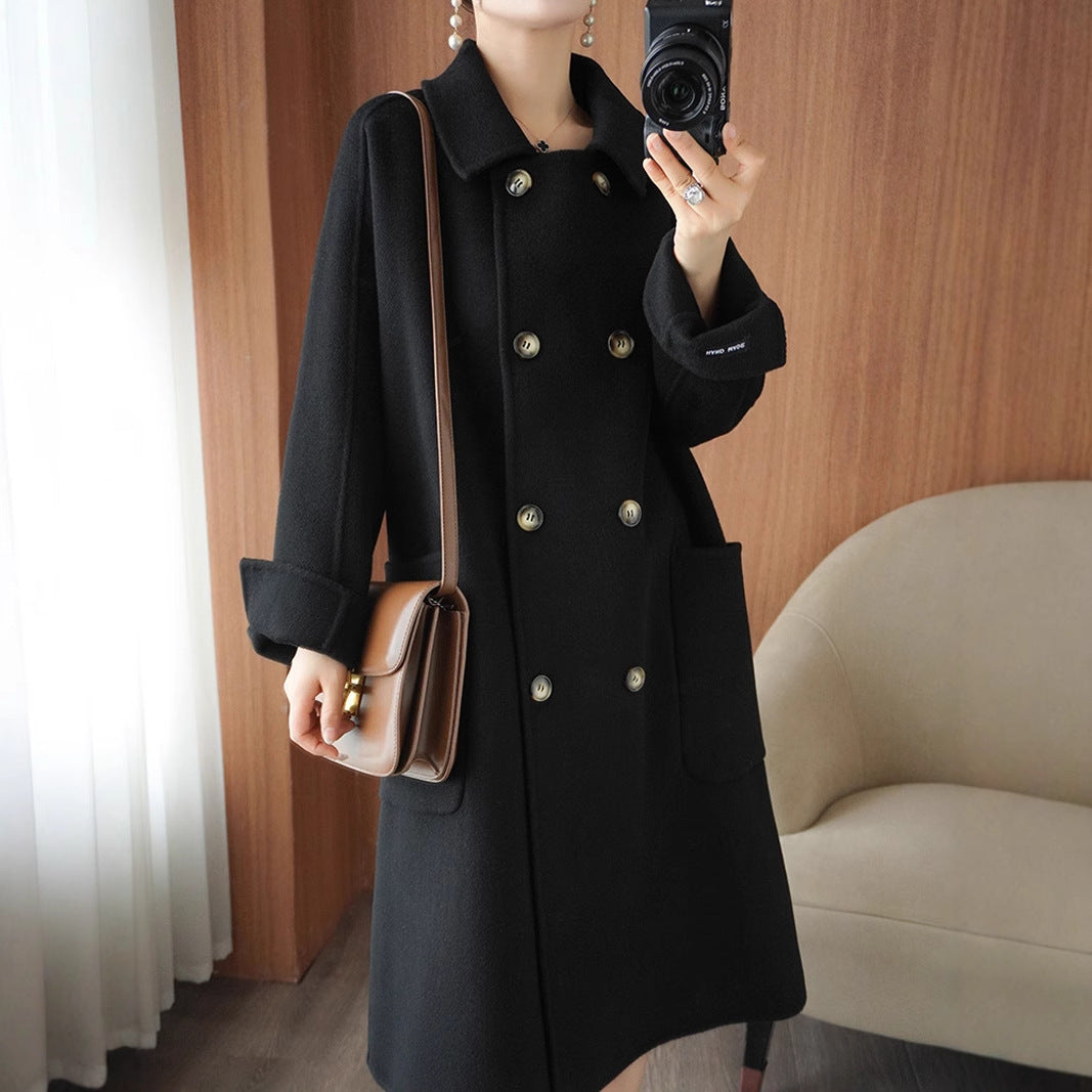 Long Below-the-Knee Double-Breasted Wool Coat in Korean Style