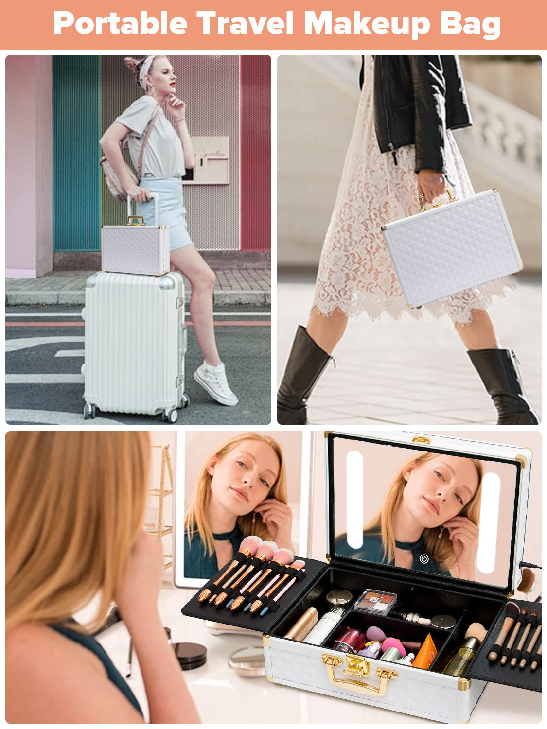 Portable makeup case, travel makeup bag with LED mirror, locked makeup storage box, brush holder, divider, rechargeable, white - Korvel