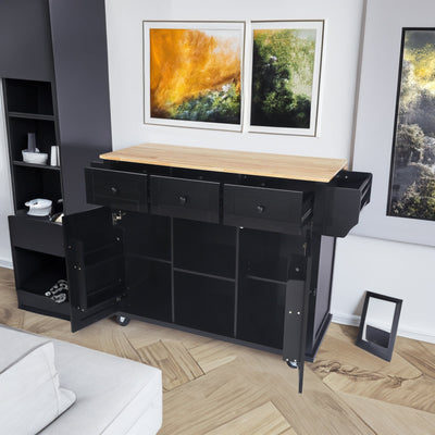 Kitchen trolley with rubber wood leaf countertop, 5-wheel kitchen island, storage cabinet and 3 dining drawers, black - Korvel