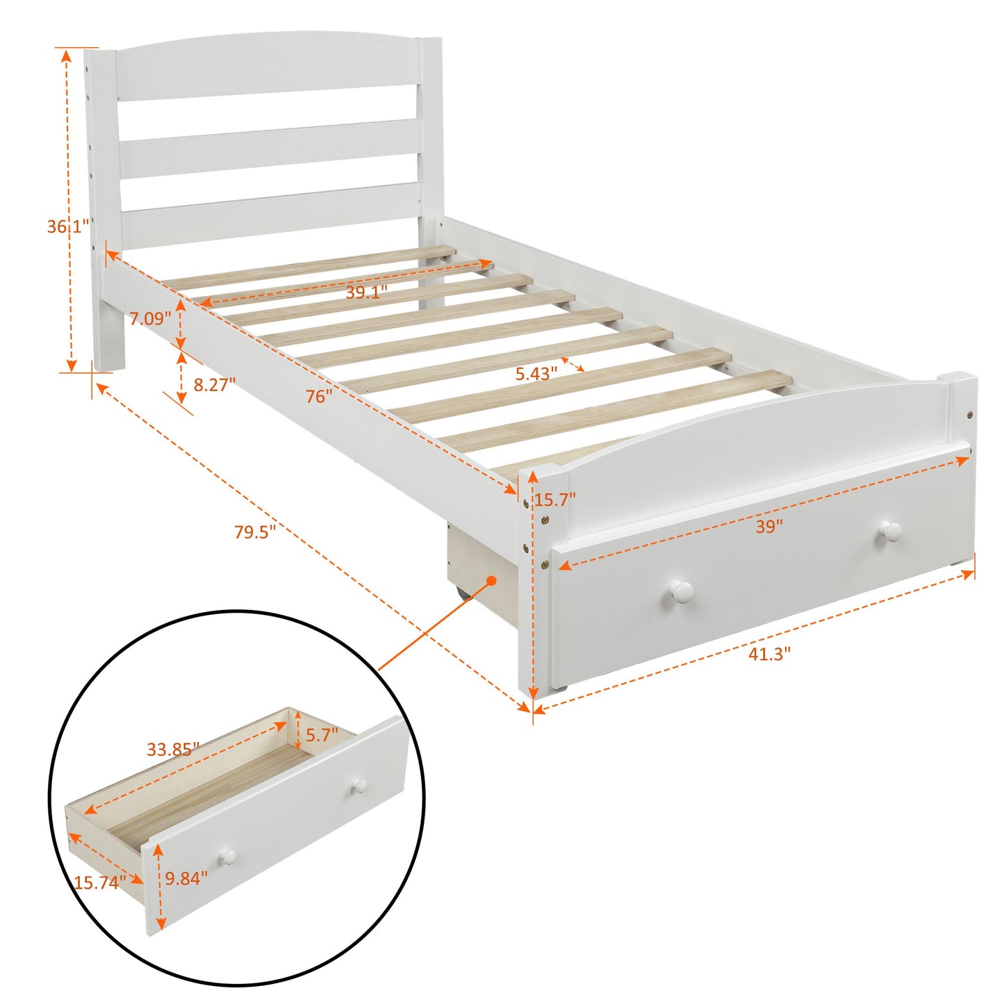 Elegant Platform Twin Bed Frame with Storage Drawer - White