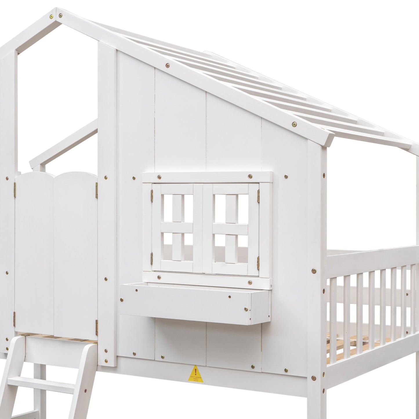 Twin over Twin House Bunk Bed with Roof , Window, Window Box, Door , with Safety Guardrails and Ladder,White - Korvel