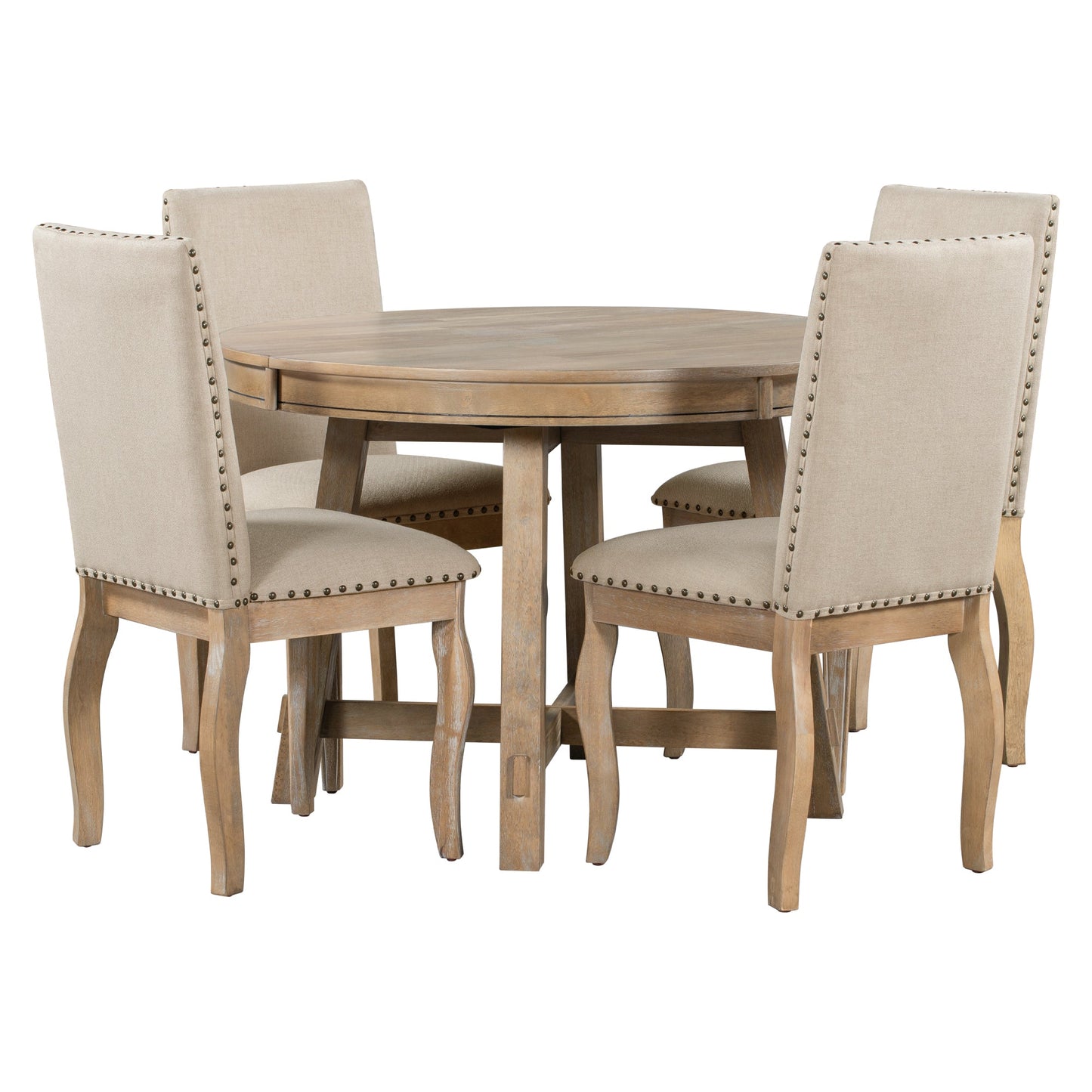 TREXM 5-Piece Farmhouse Dining Table Set Wood Round Extendable Dining Table and 4 Upholstered Dining Chairs (Natural Wood Wash) - Korvel