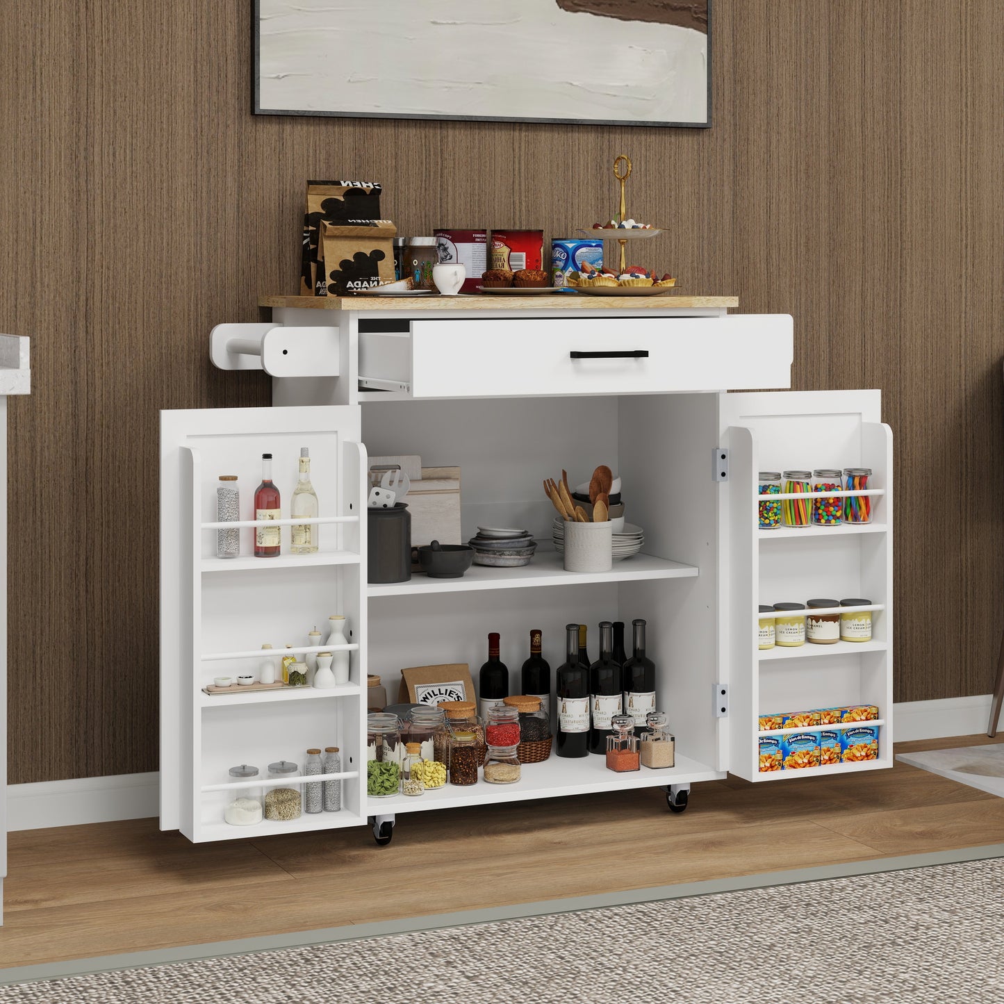 Kitchen island rolling trolley cart with 1 drawer & 2 doors with storage racks & Adjustable Shelves & towel rack - Korvel