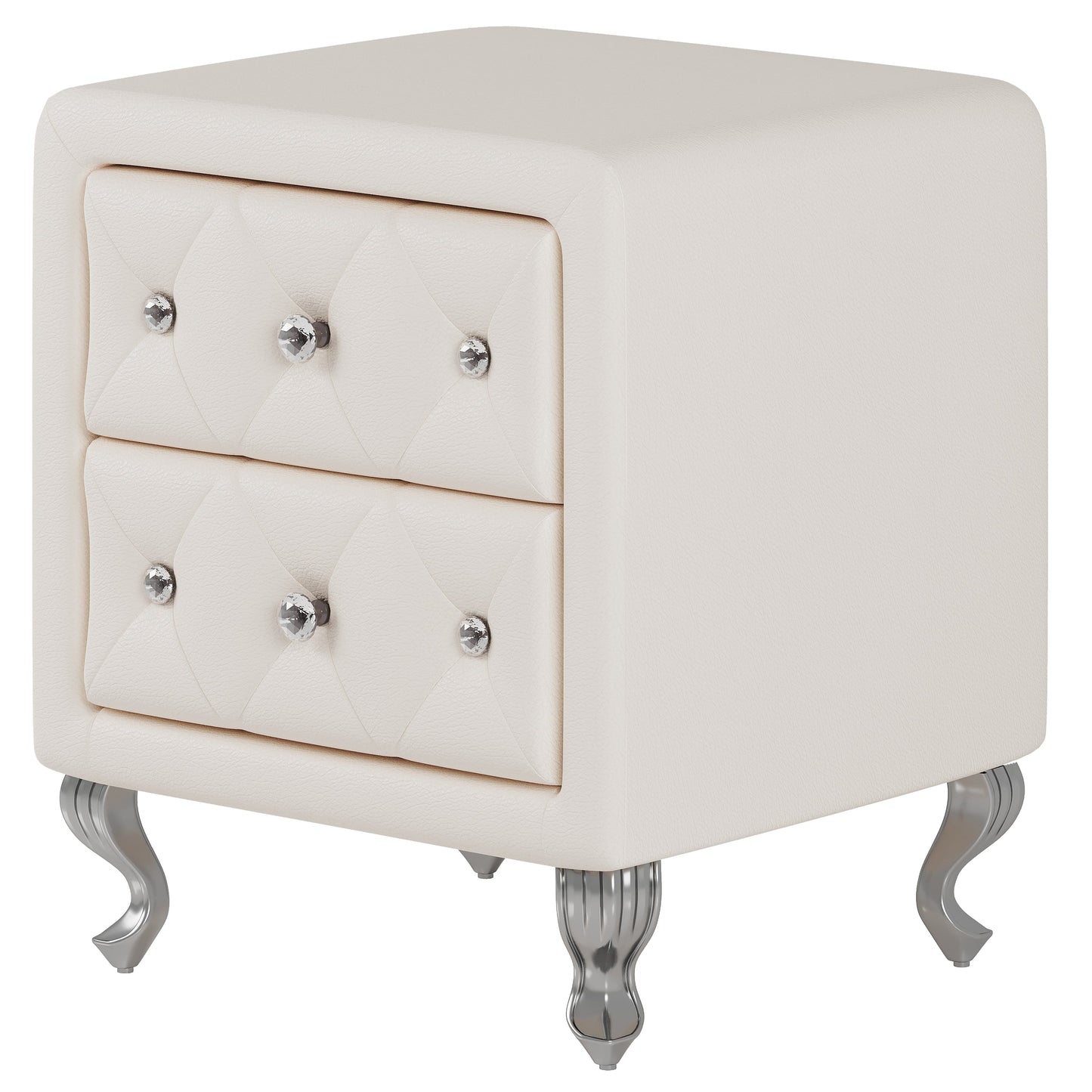 Elegant PU bedside table with 2 drawers and crystal handles, storage with metal legs - white - Korvel