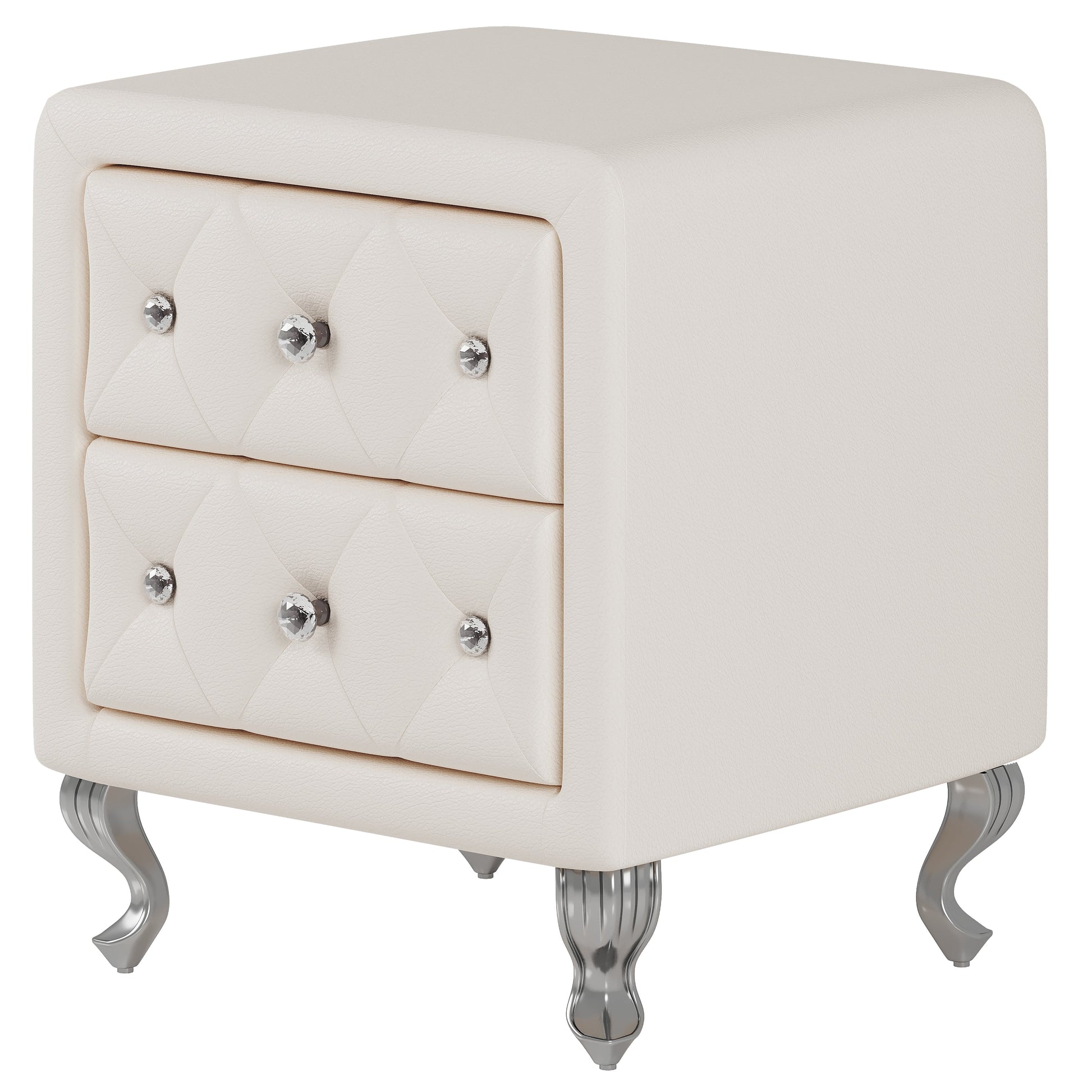 Elegant PU bedside table with 2 drawers and crystal handles, storage with metal legs - white - Korvel