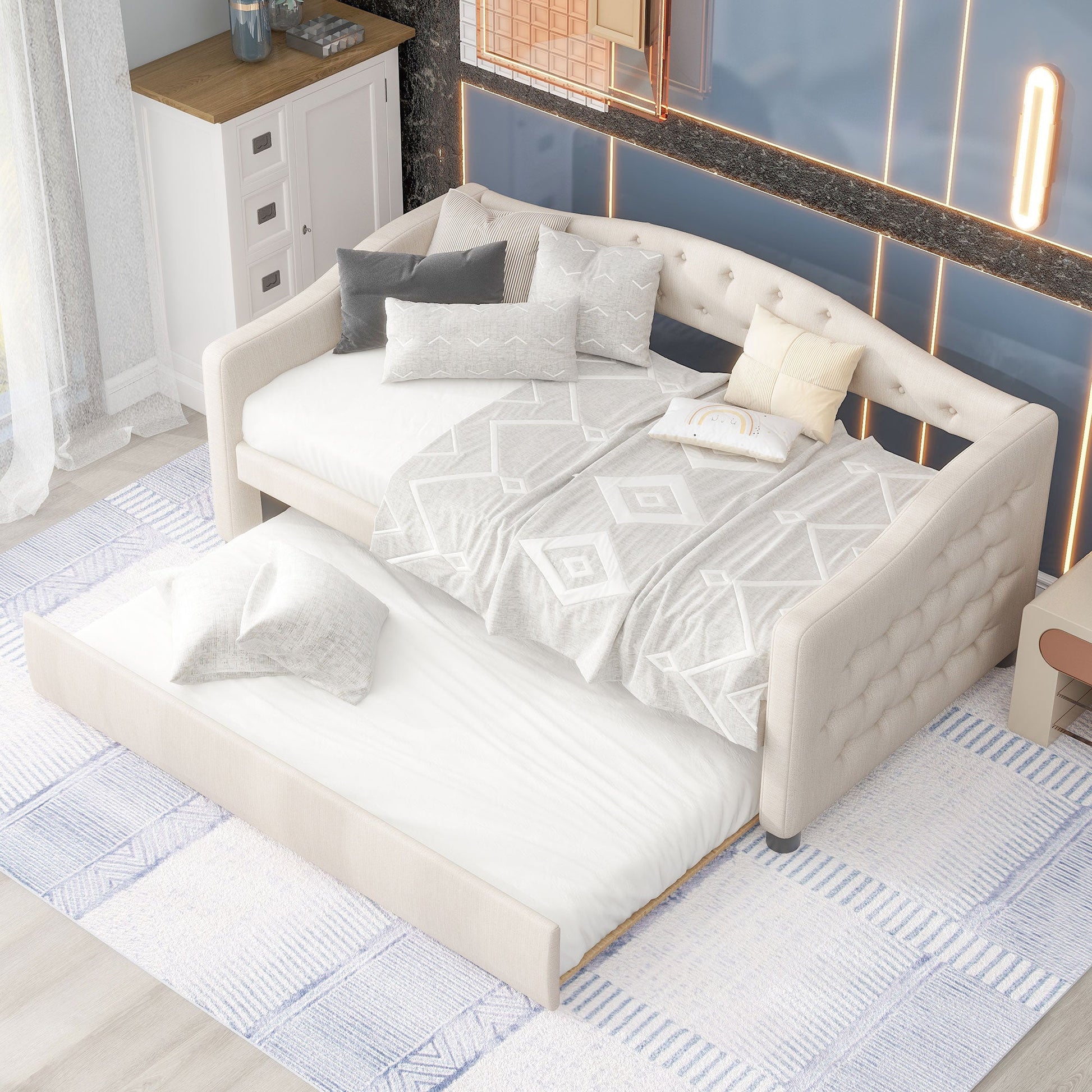 Upholstered Twin Size Daybed with Trundle, Beige - Korvel