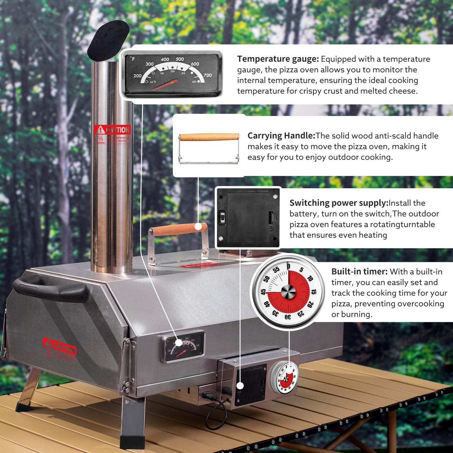 Stainless Steel Pizza Oven Outdoor 12" Automatic Rotatable Pizza Ovens Portable Wood Fired Pizza Oven Pizza Maker with Timer - Korvel