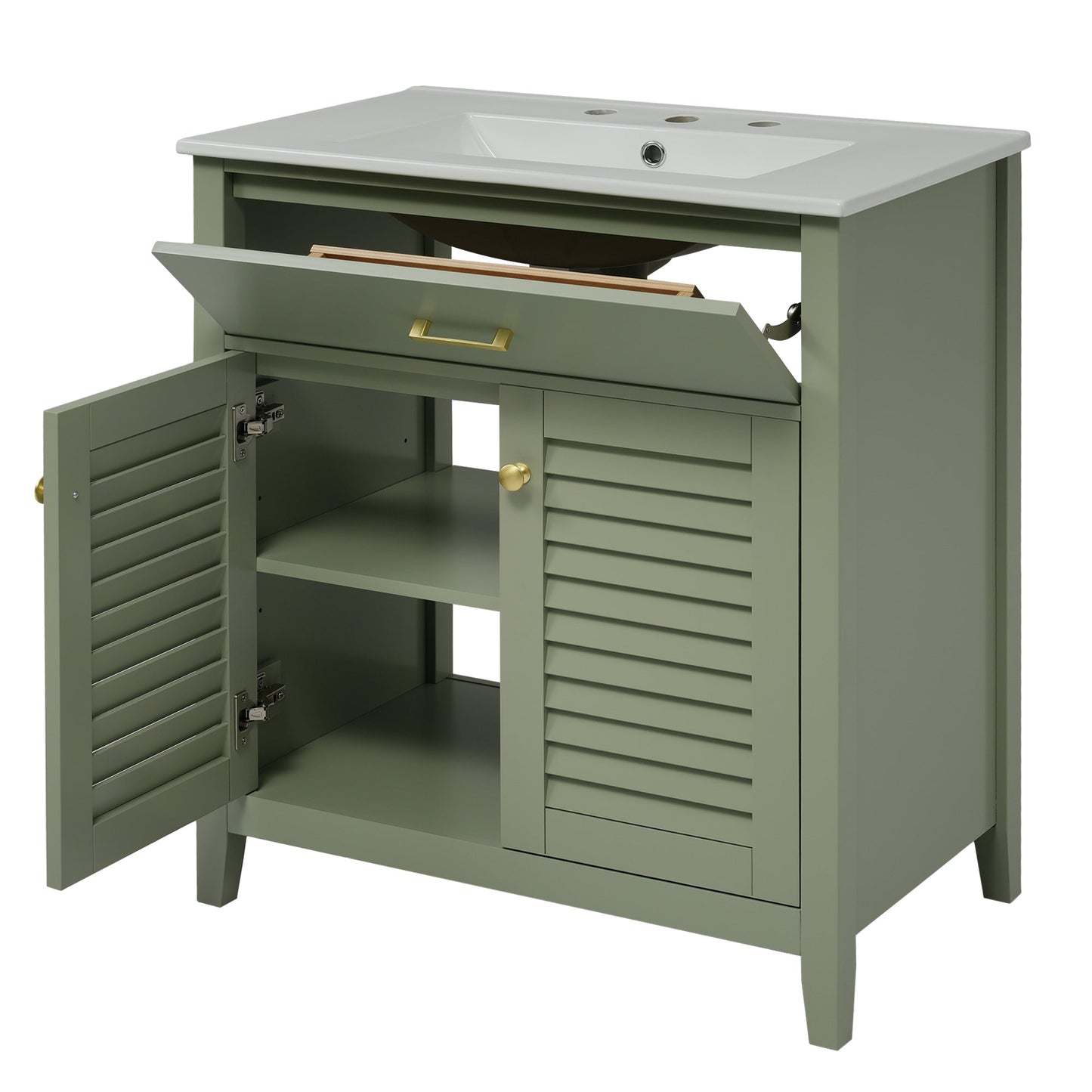30-Inch Bathroom Vanity with Ceramic Sink Combination, Ample Storage - Features 1 Pullout and Multifunctional Shelf Dividers - Korvel