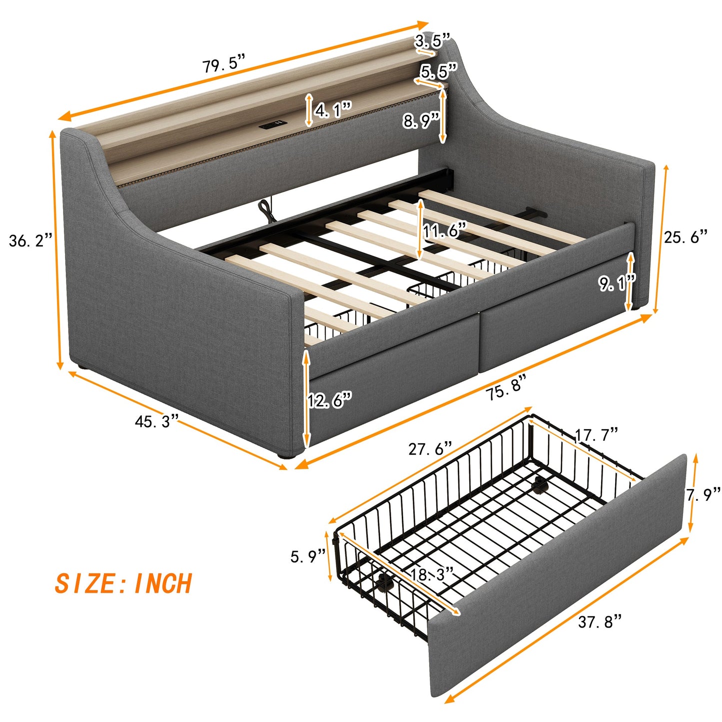 Lit jumeau rembourré avec rangement et lumières LED