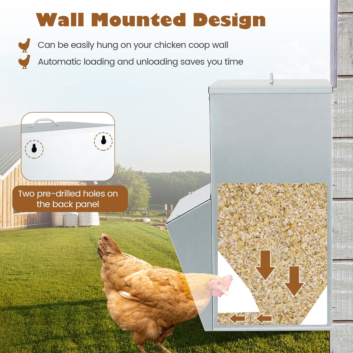 Wall Mount Galvanized Chicken Feeder - 50 lbs Capacity