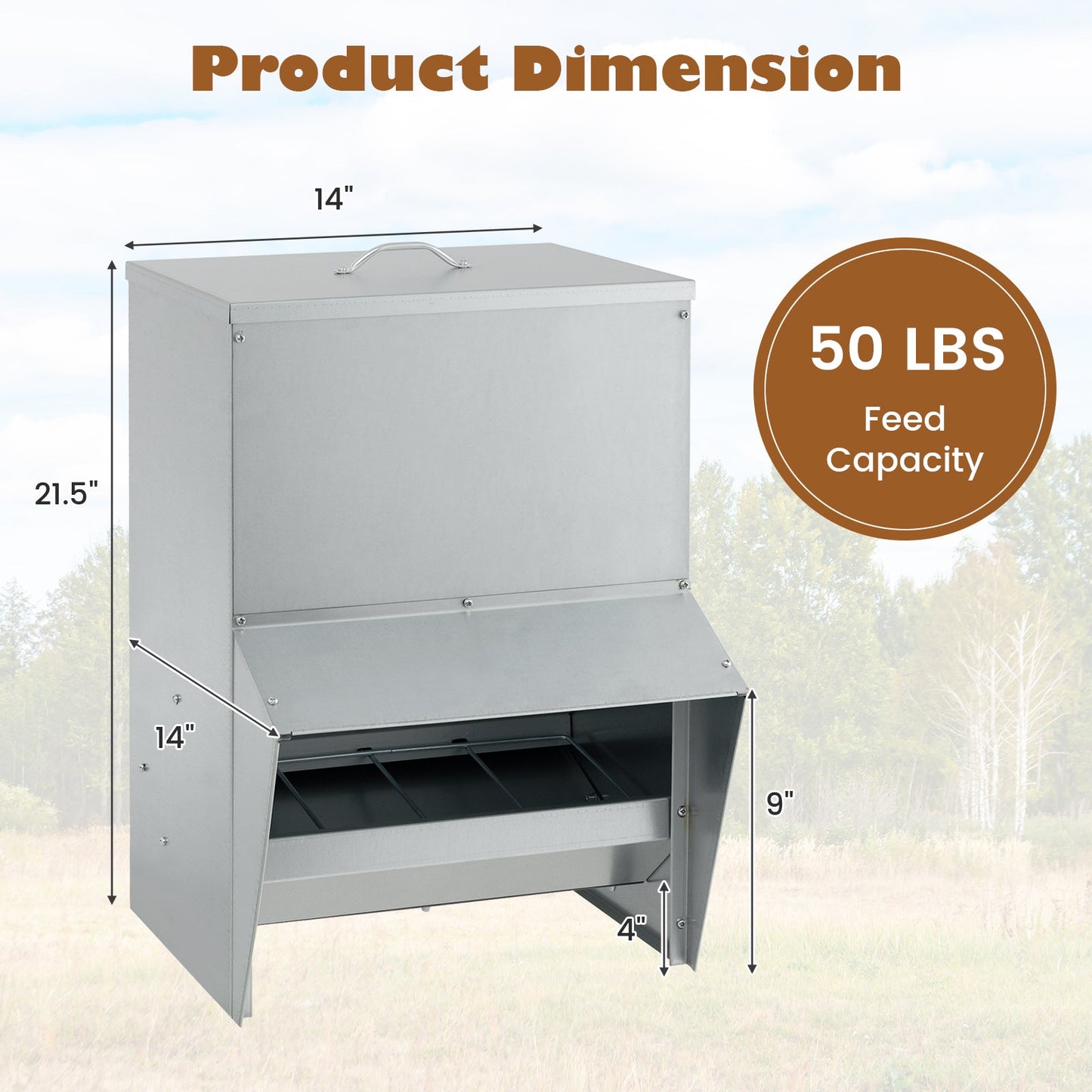 Wall Mount Galvanized Chicken Feeder - 50 lbs Capacity