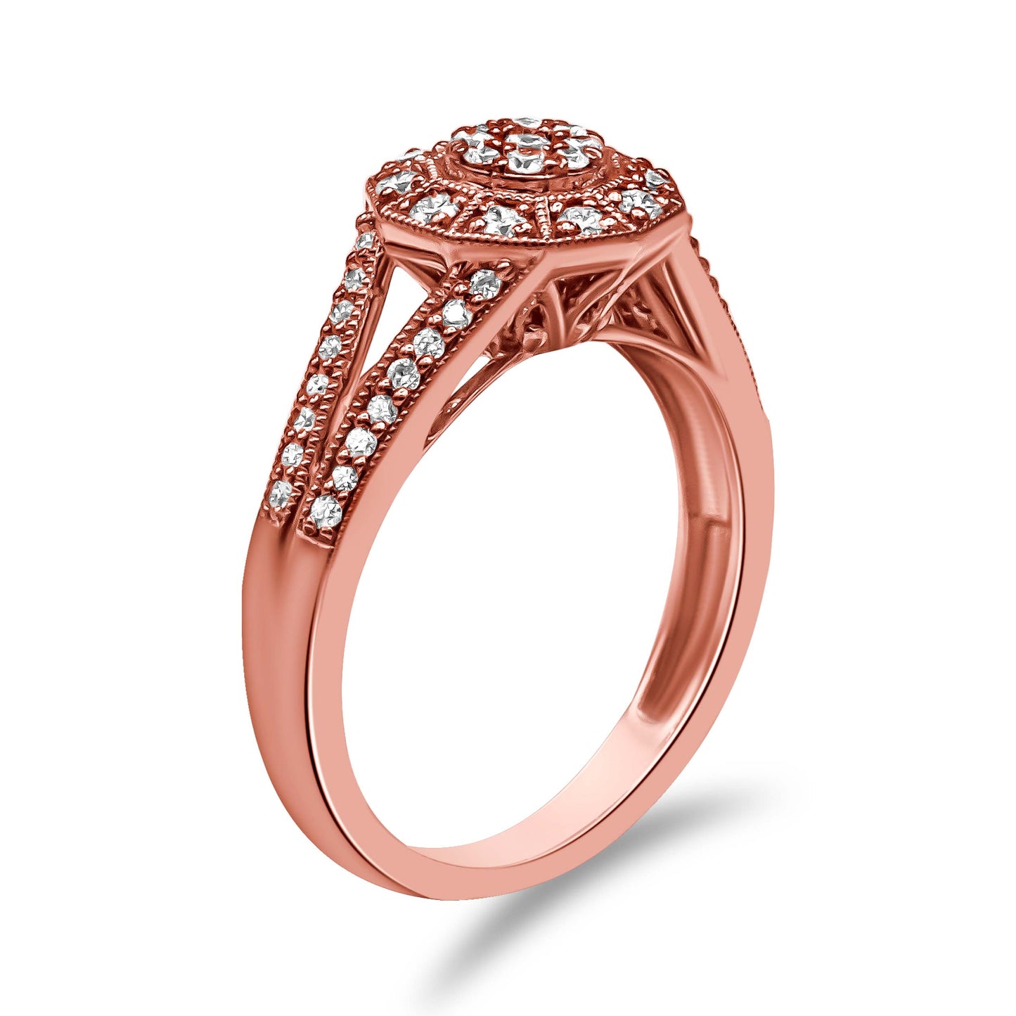 Bague cocktail en argent sterling plaqué or rose 14K avec halo de diamants pavés - Taille 6