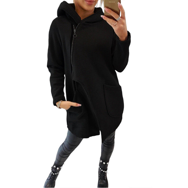 Half-High Neck Side-Zip Hoodie with Fleece-Lined Pockets