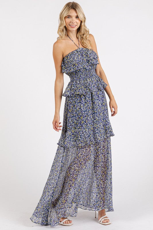 Robe maxi à col halter en fleurs froncées et volantes