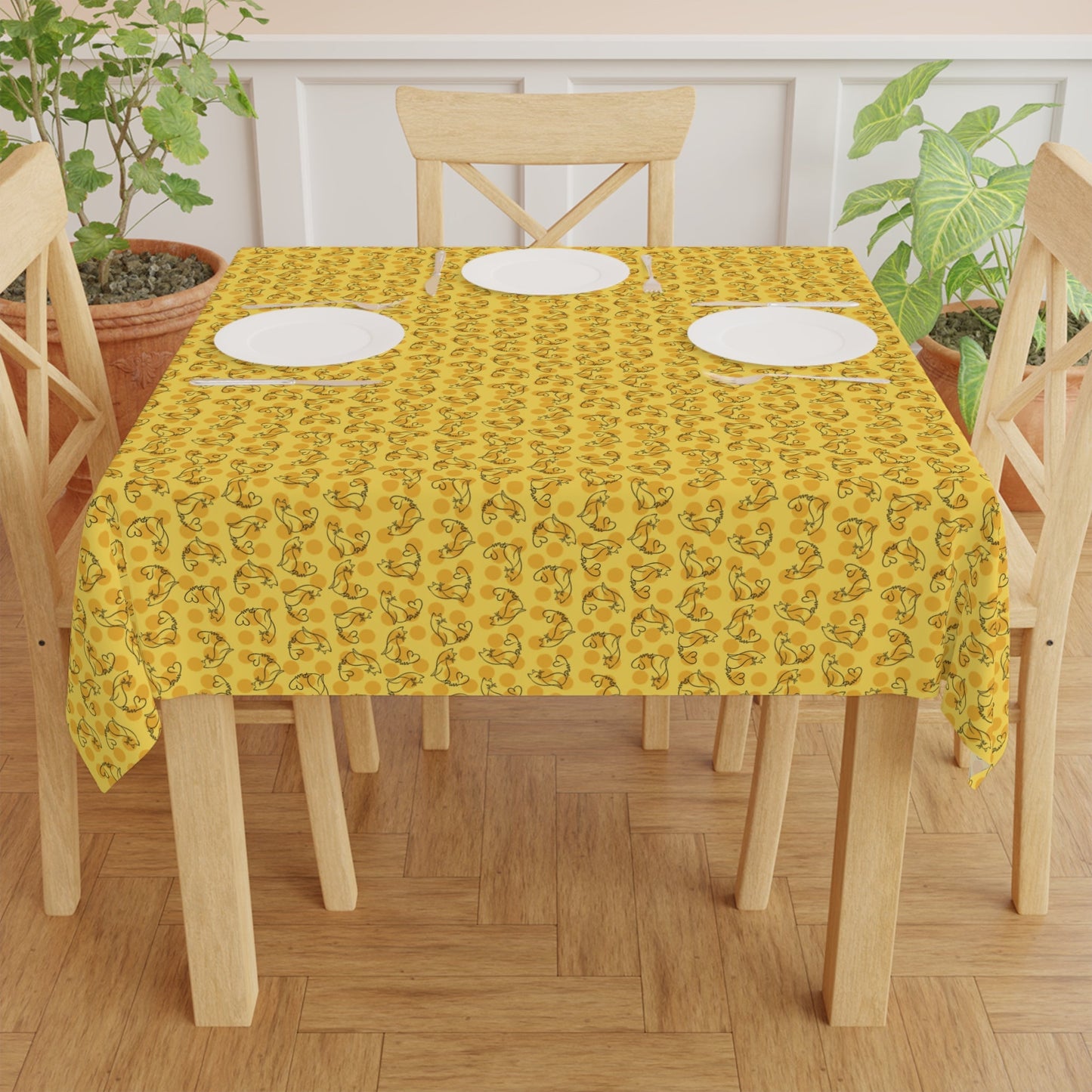 Golden Purr Cat Tablecloth – Minimalist Line Art Design (55" × 55")