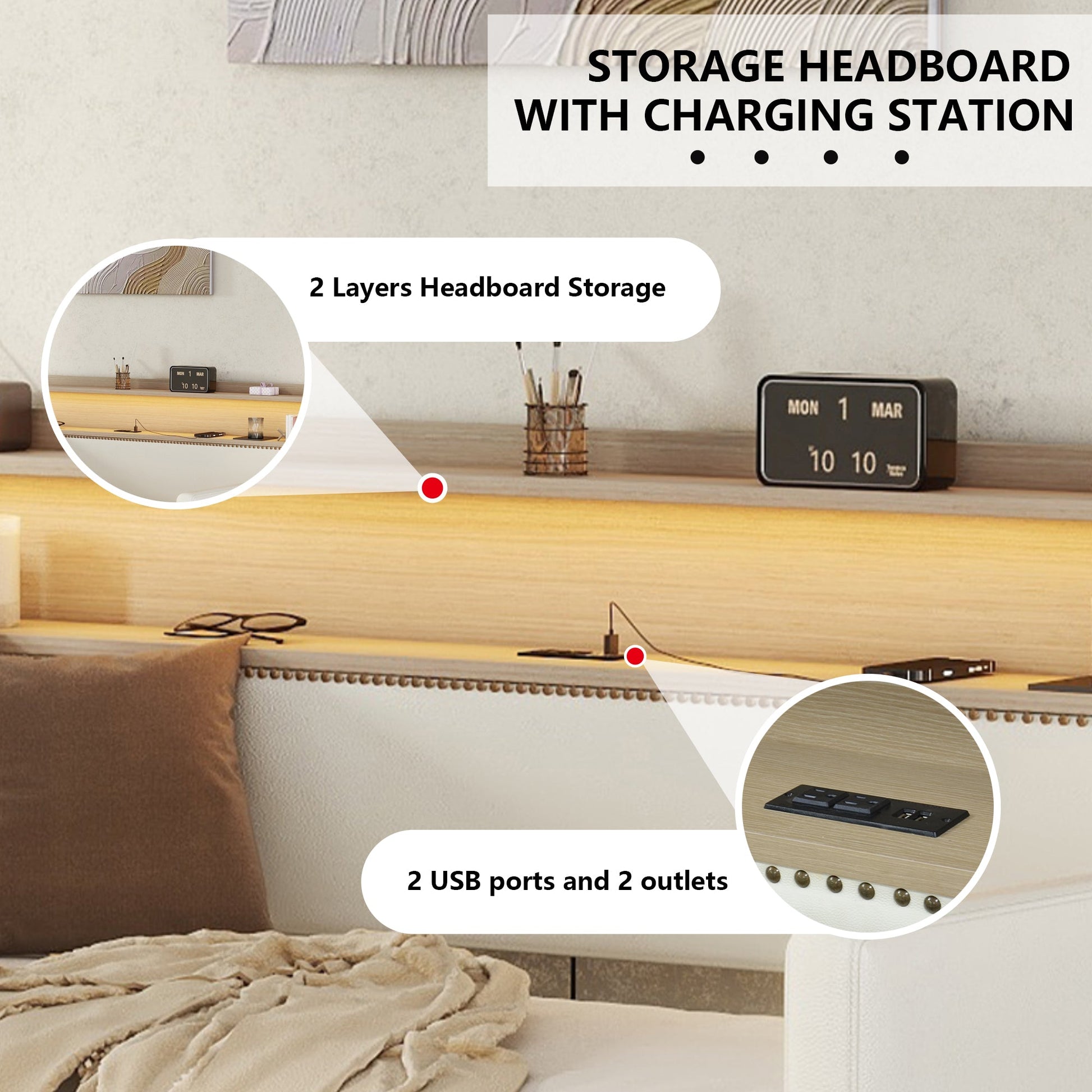 Twin Size Daybed with Drawers, Upholstered Daybed with Charging Station and LED Lights, White - Korvel