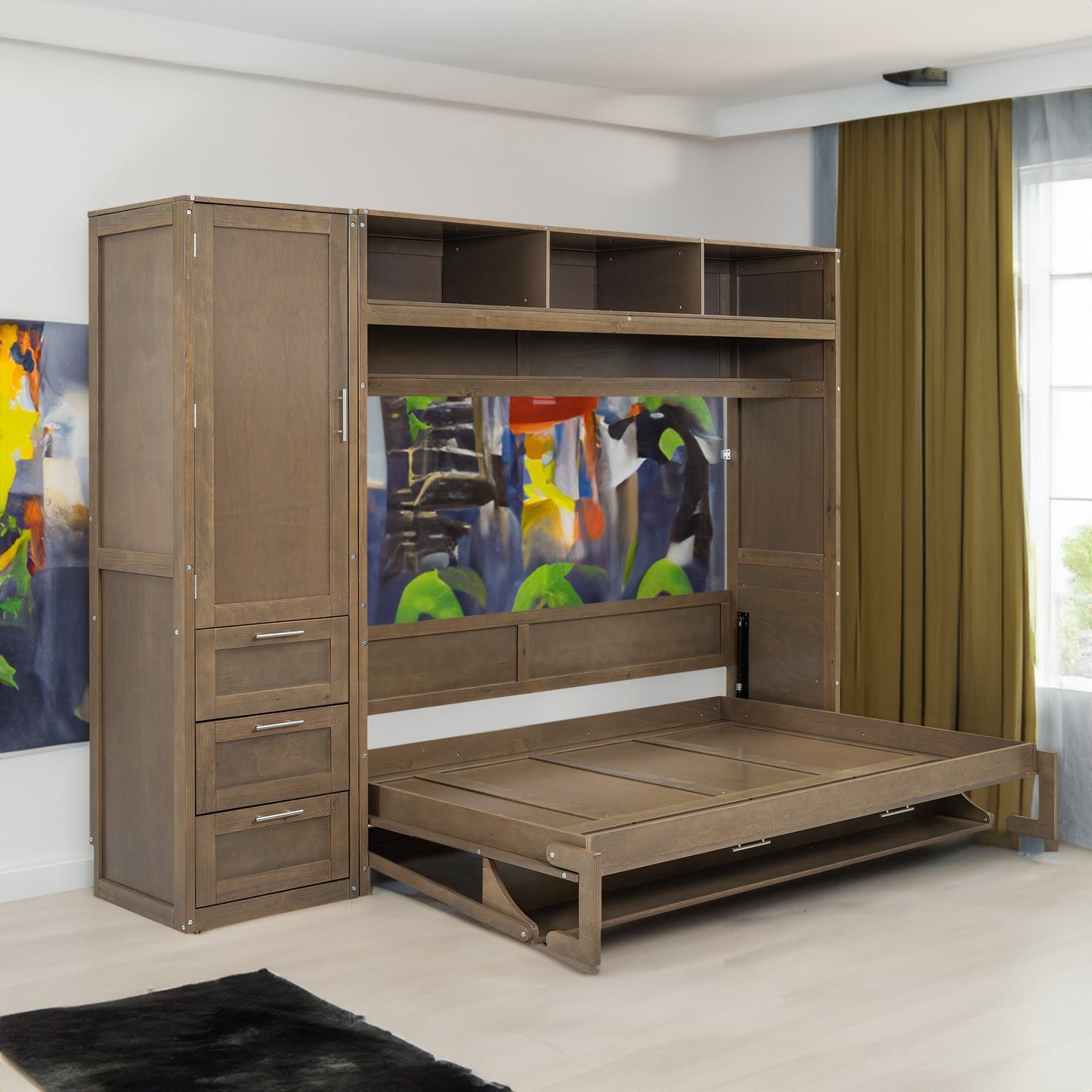 Full Size Murphy Bed with Wardrobe, Drawers and Open Shelves, Antique Grey - Korvel