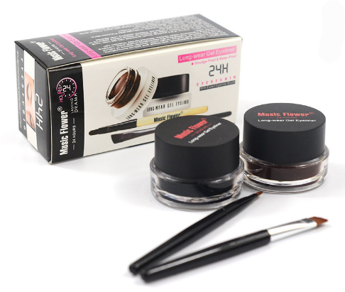 Music Flower 2 in 1 Coffee + Black Gel Eyeliner Make Up Waterproof Eye Liner Cosmetics Set Eyeliner Pens Makeup Brushes Set - Korvel