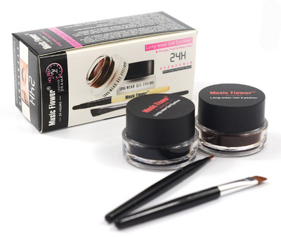 Music Flower 2 in 1 Coffee + Black Gel Eyeliner Make Up Waterproof Eye Liner Cosmetics Set Eyeliner Pens Makeup Brushes Set - Korvel
