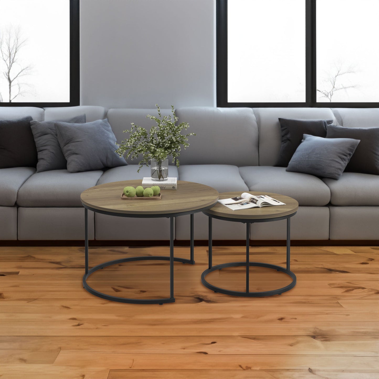 A set of nested coffee tables, 27.6-inch round coffee table, industrial wood veneer, with sturdy metal frame (brown) - Korvel