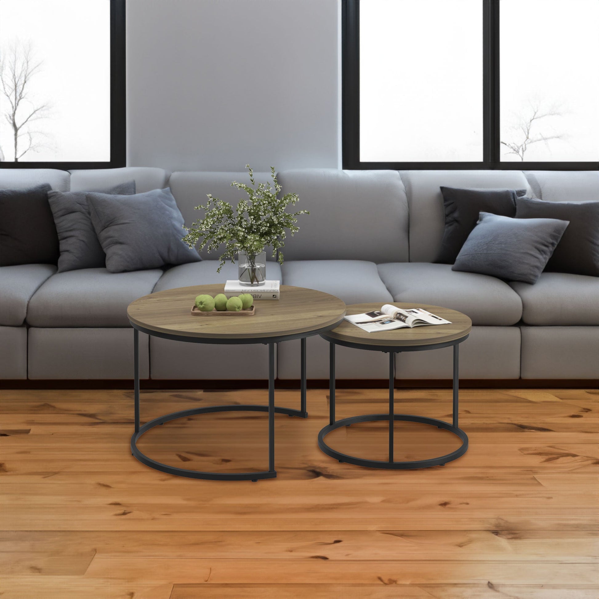 A set of nested coffee tables, 27.6-inch round coffee table, industrial wood veneer, with sturdy metal frame (brown) - Korvel