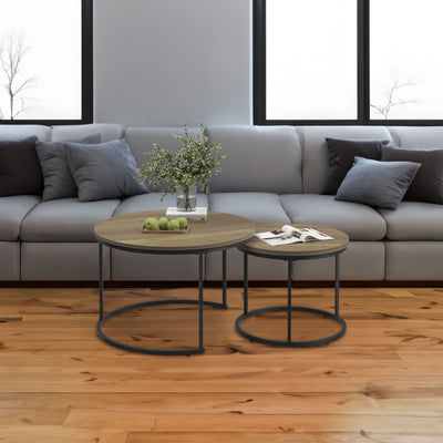A set of nested coffee tables, 27.6-inch round coffee table, industrial wood veneer, with sturdy metal frame (brown) - Korvel