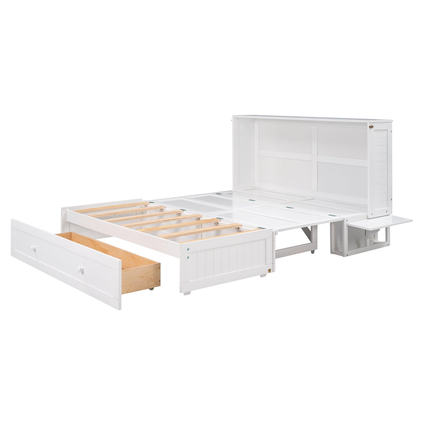 Queen Size Mobile Murphy Bed with Drawer and Little Shelves on Each Side White - Korvel